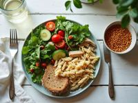Assiette équilibrée avec pâtes, pain complet, légumes et lentilles - coaching nutrition Montpellier