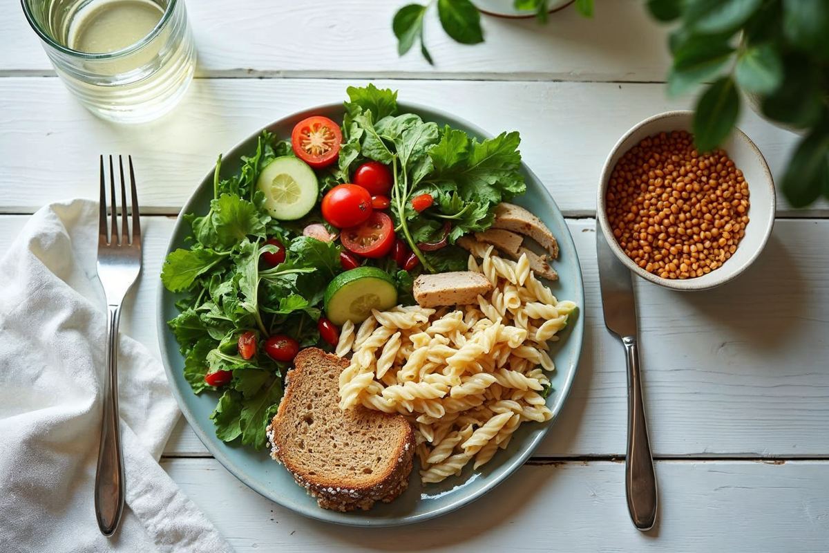 Assiette équilibrée avec pâtes, pain complet, légumes et lentilles - coaching nutrition Montpellier