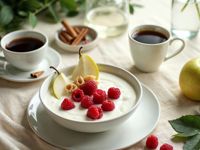 Bol de yaourt nature aux framboises et à la poire, café noir sans sucre et pomme - coaching nutrition Montpellier