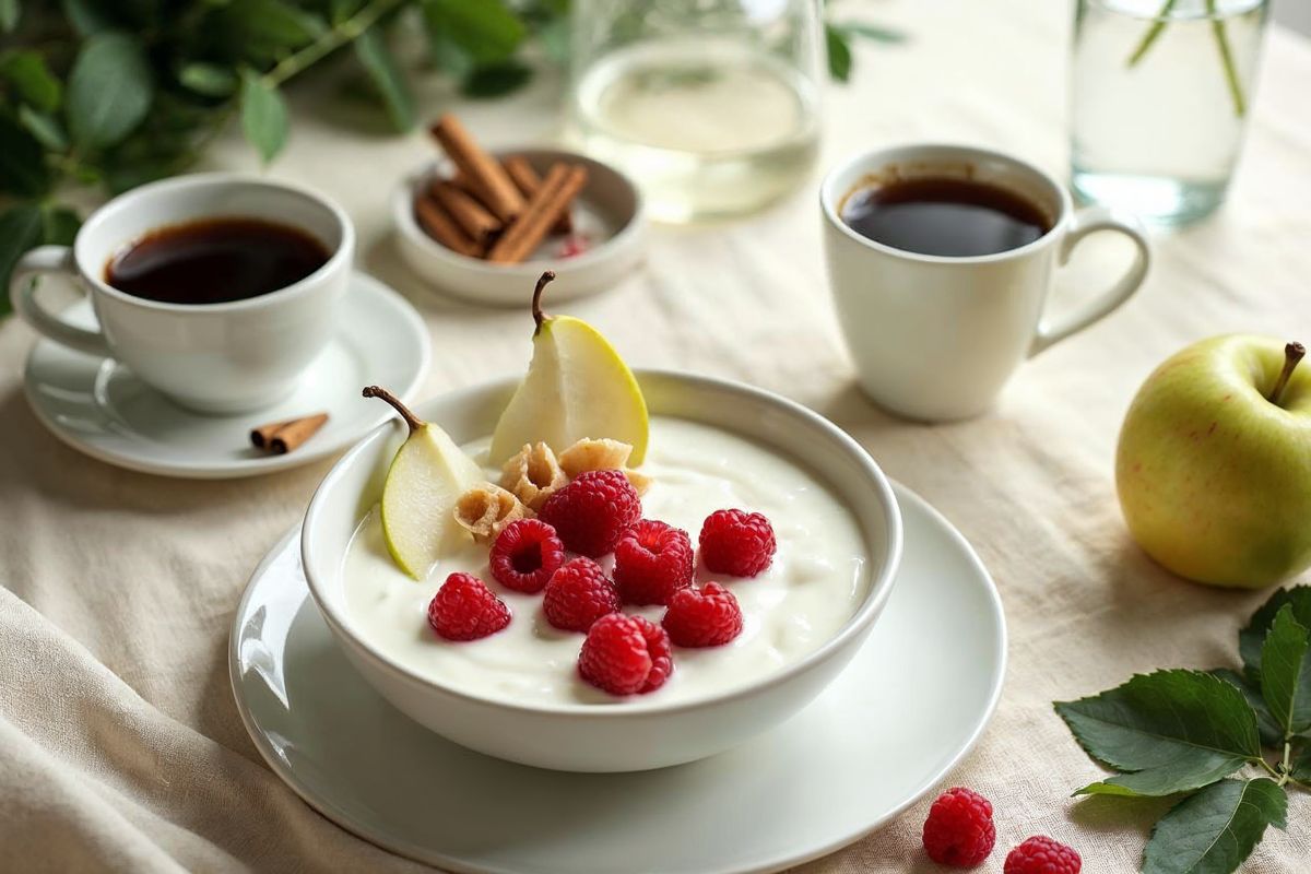 Bol de yaourt nature aux framboises et à la poire, café noir sans sucre et pomme - coaching nutrition Montpellier